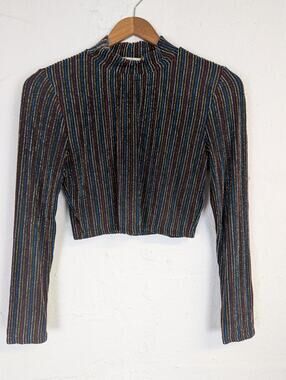 Cherry Mellow Cropped Turtleneck Black Shiny Stripes Red Blue Metallic Medium